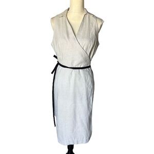 Ann Taylor Linen Blend Wrap Dress Size M Beige Black Belt Collared Sleeveless